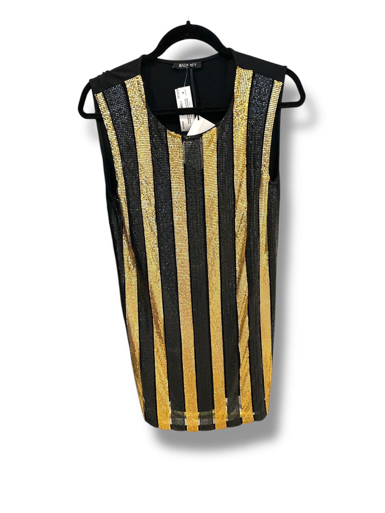 Balmain Black Gold Striped Dress Paillette Embellished Sleeveless Mini – Labels Designer Resale