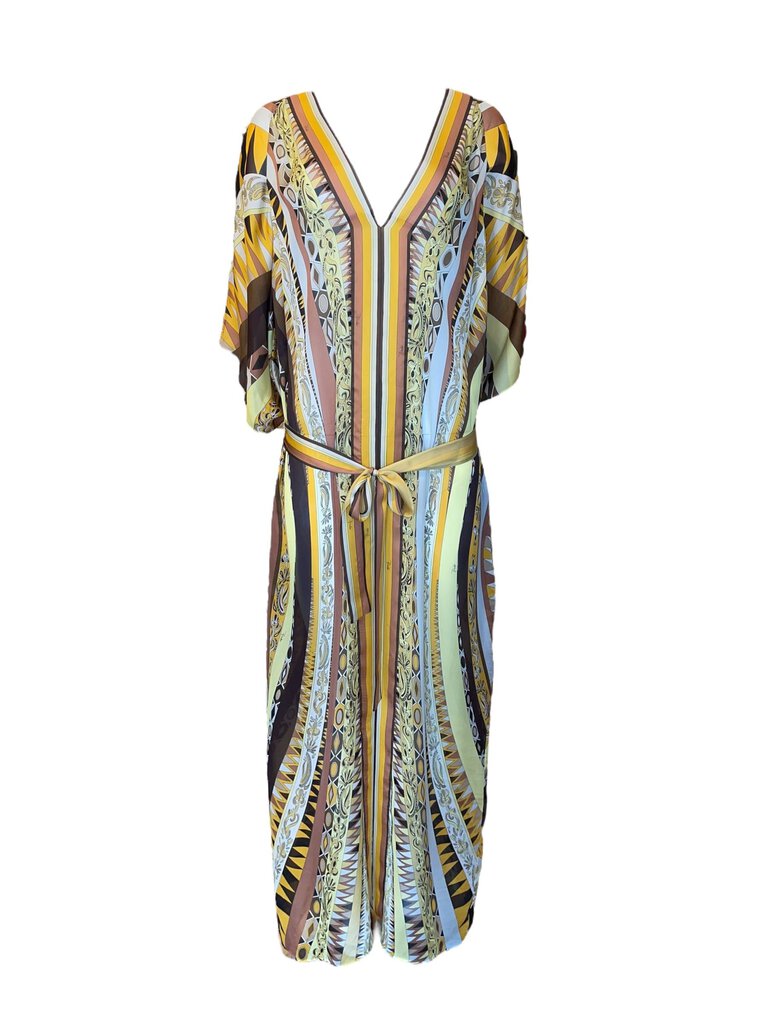 Emilio Pucci Silk Print Caftan gold black V Neck 4 Labels Designer Resale Emilio Pucci Silk Print Caftan gold black V Neck 4 Labels Designer Resale