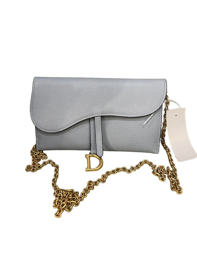 Dior Dior Saddle Wallet with Chain Cloud Blue Base length: 8.25 in Height: 5.25 in Width: 1.5 in Drop: 23 in