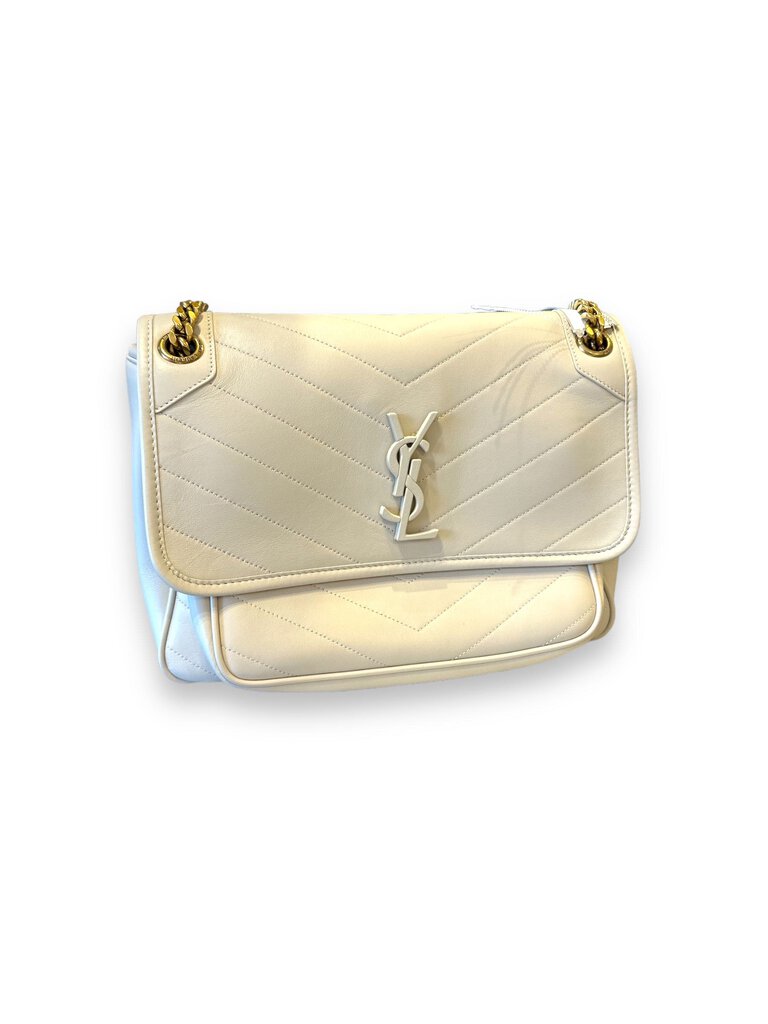 Yves St. Laurent SAINT LAURENT Lambskin Matelasse Monogram Medium Niki Chain Satchel Ivory