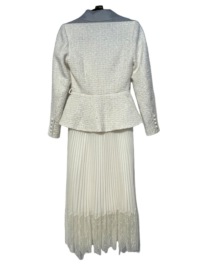 Self Portait Self Portrait Belted ivory bouclé-tweed and pleated chiffon midi dress 2