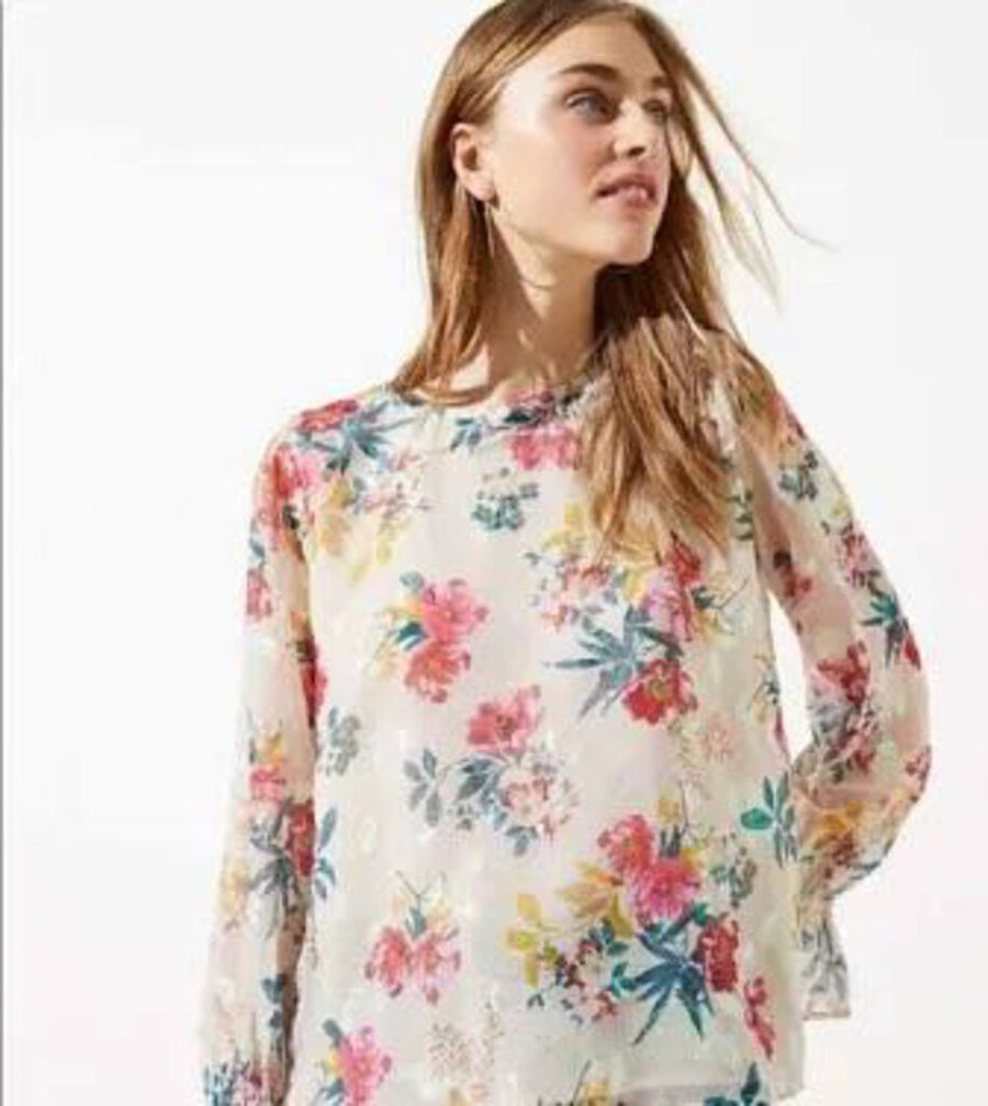 Loft LOFT Floral Metallic Ruffle Cuff Blouse Top NWT bisque M