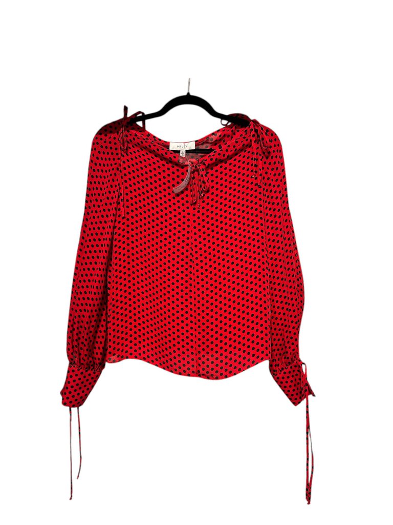 MILLY Silk keyhole cold shoulder polka dot blouse red