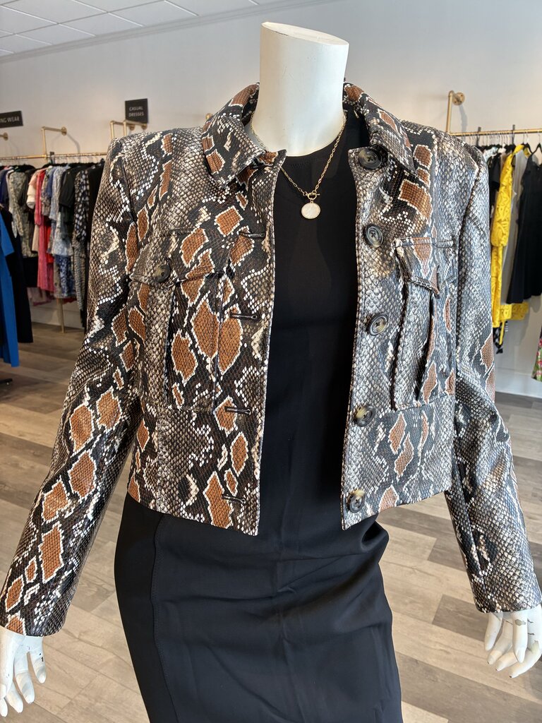 Veronica Beard Fulham Cropped faux snake-effect leather jacket brown 10