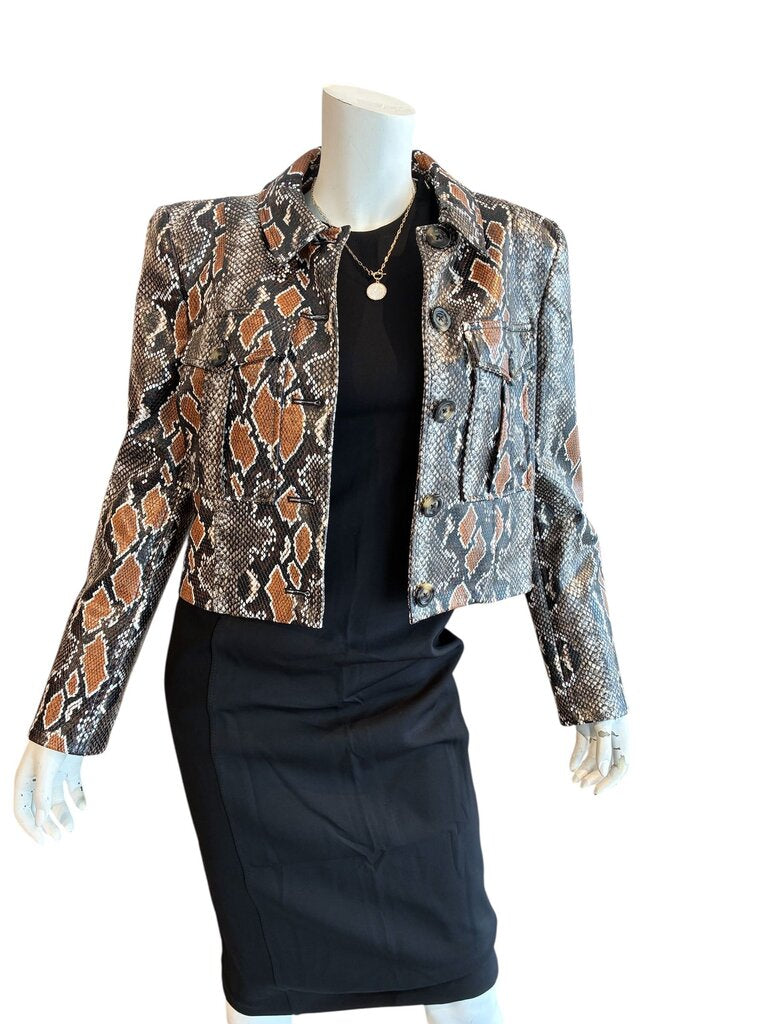Veronica Beard Fulham Cropped faux snake-effect leather jacket brown 10