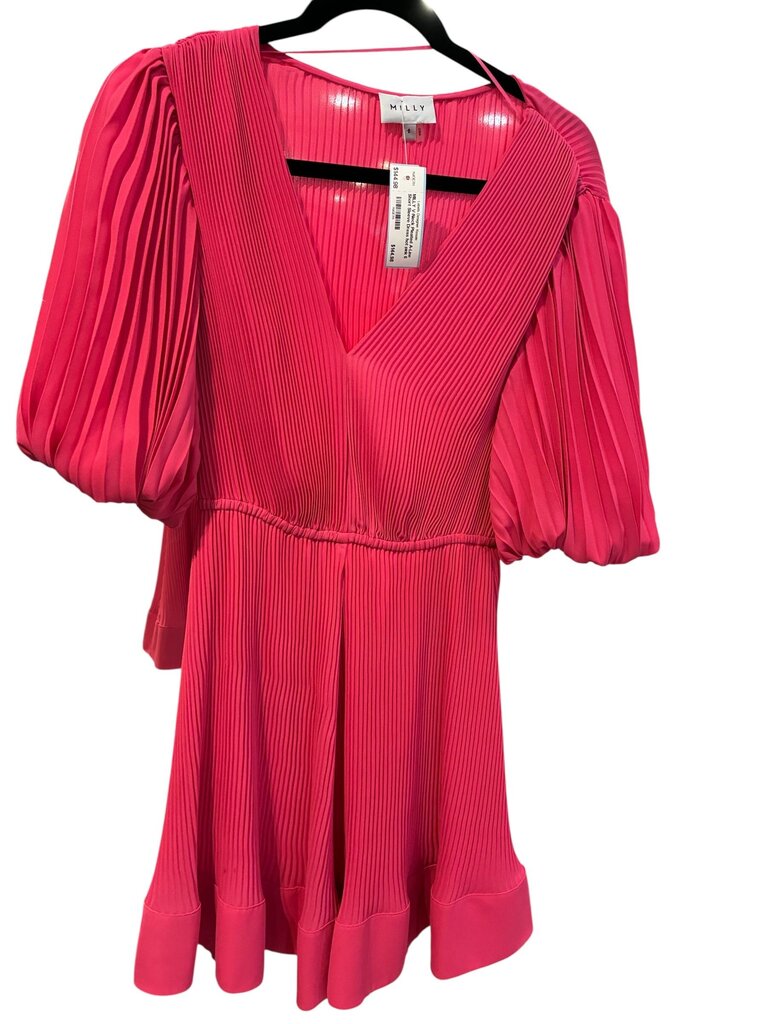MILLY V-Neck Pleated A-Line Short Sleeve Dress hot pink 6
