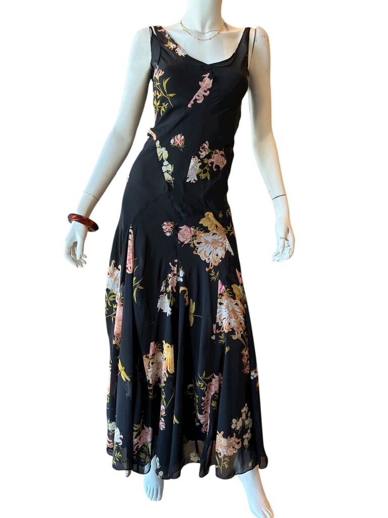 Zara Vneck black floral maxi bias dress XS