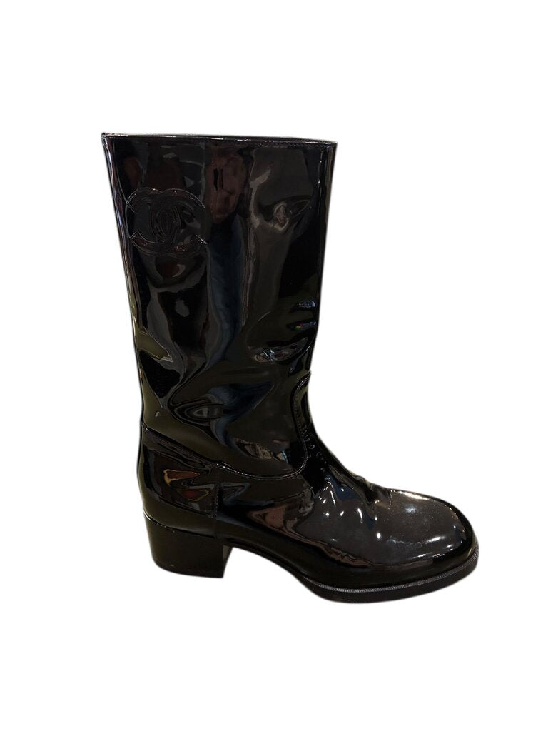 Chanel Patent Leather CC Cowboy Mid-Calf Flat Boot black 36.5