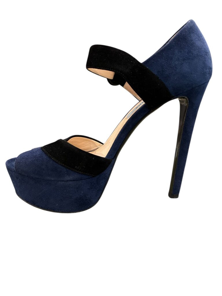 Prada suede platform ankle strap heels navy 37| 6.5