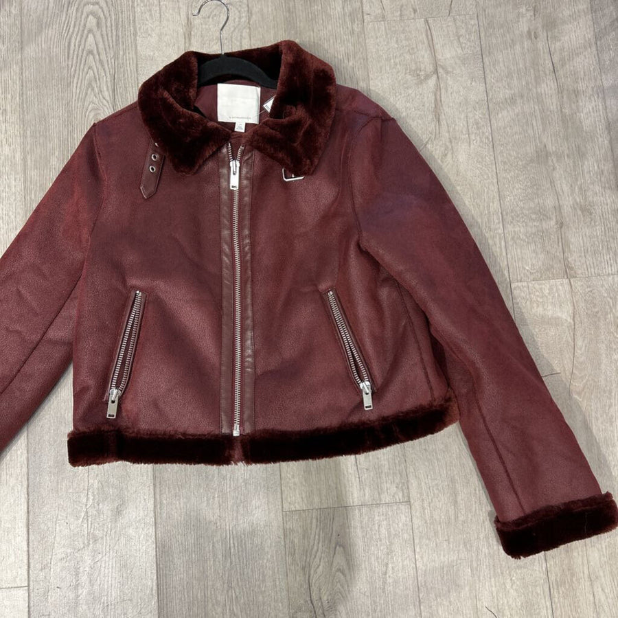Anthropologie faux leather fur moto jacket wine M