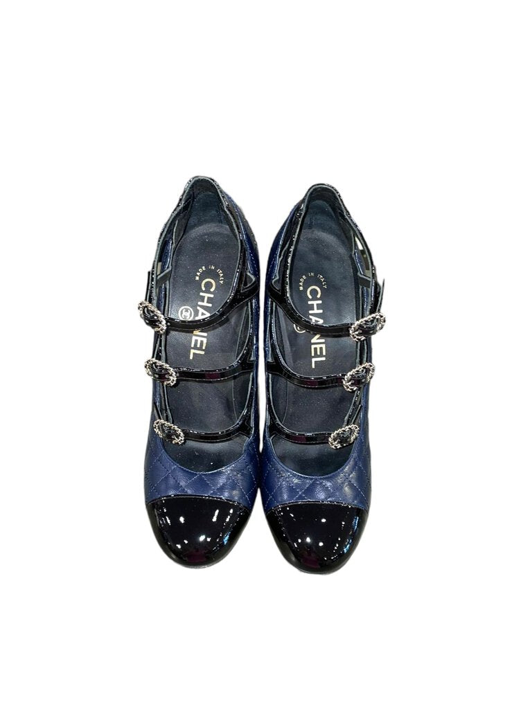 Chanel Quilted Wedge Buckle Heel Patent cap Navy 38