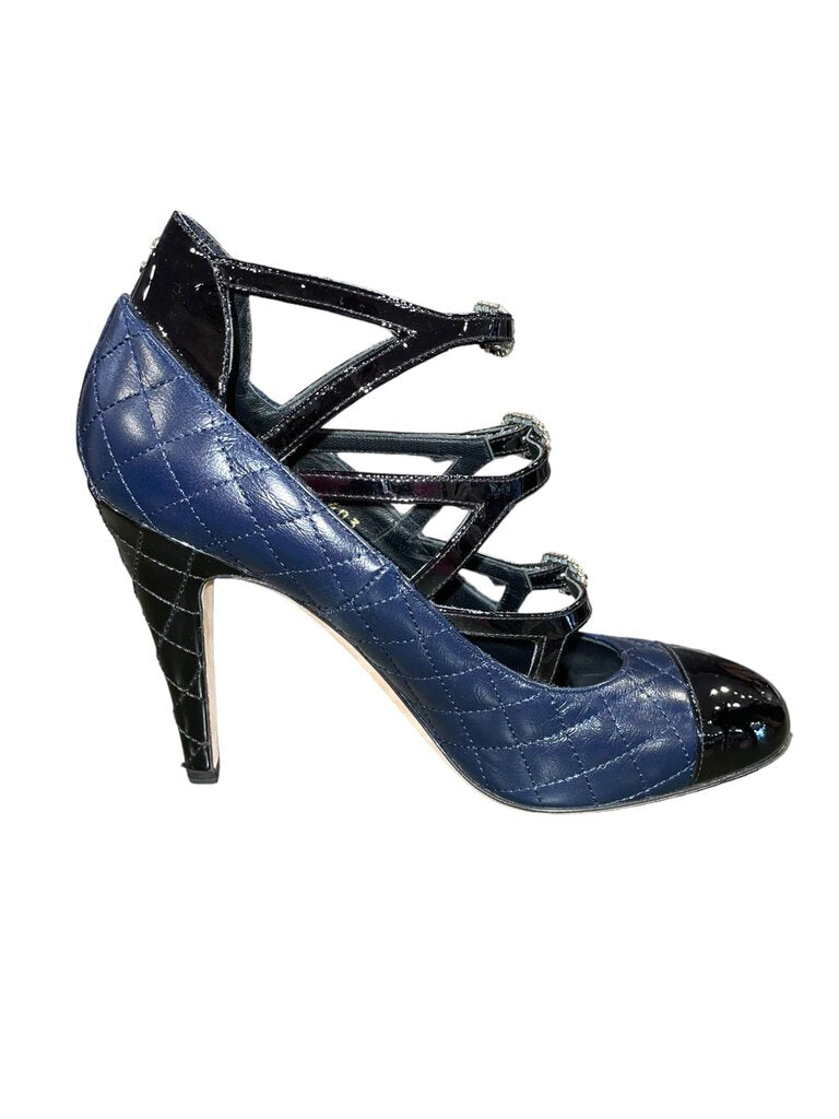 Chanel Quilted Wedge Buckle Heel Patent cap Navy 38