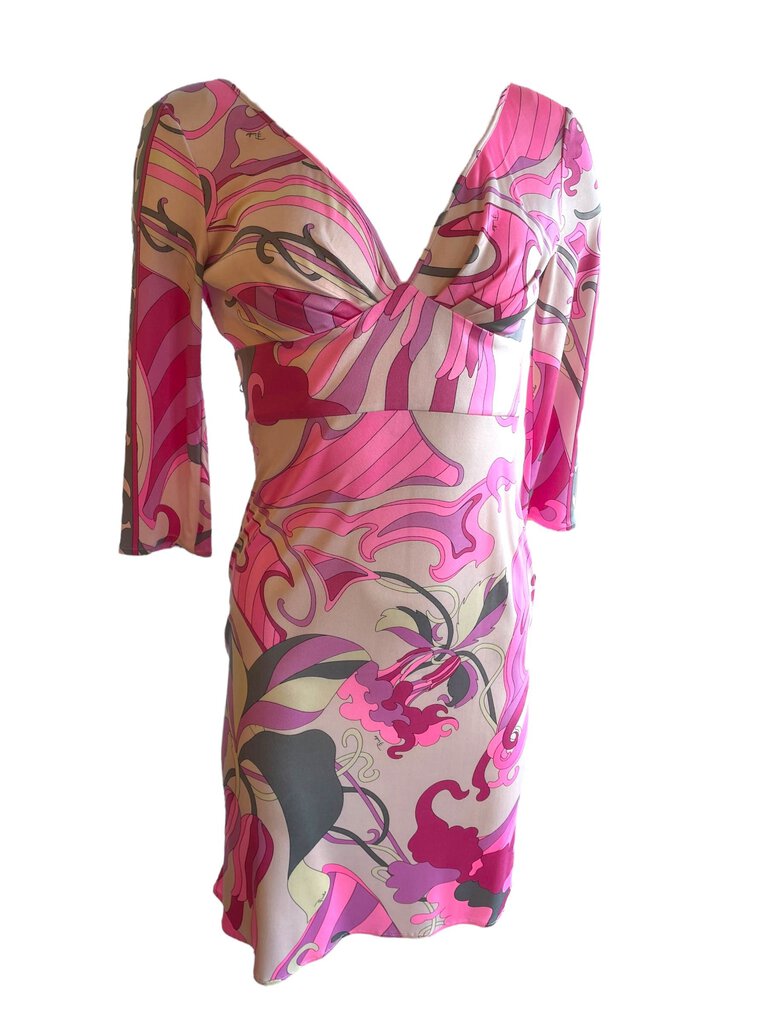 Emilio Pucci Silk V Neck Pink print dress 8 fits 4